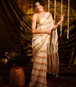 Milky white golden zari stripped mul cotton saree