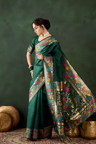 Green poly silk Faux Banarasi saree with heavy zari multi-weaving design.
