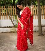 Mul cotton heart embroidered saree - red