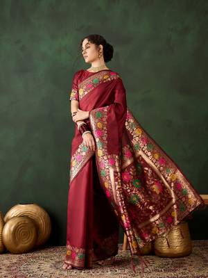 Women's maroon color poly silk heavy designer banarasi zari multi weaving work saree 2