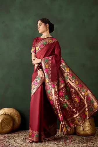 Women's maroon color poly silk heavy designer banarasi zari multi weaving work saree