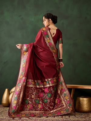 Women's maroon color poly silk heavy designer banarasi zari multi weaving work saree 3