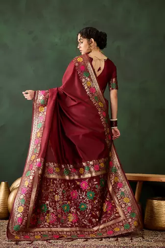Women's maroon color poly silk heavy designer banarasi zari multi weaving work saree