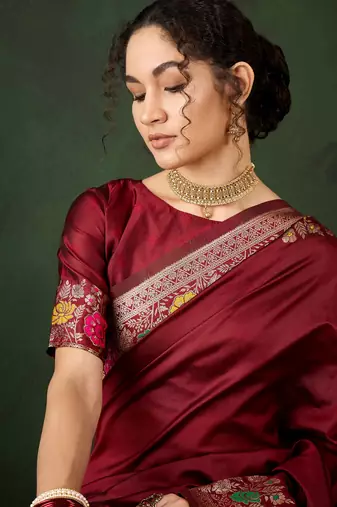 Women's maroon color poly silk heavy designer banarasi zari multi weaving work saree