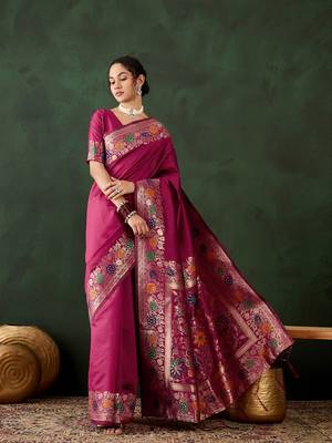 Women's pink color poly silk heavy designer banarasi zari multi weaving work saree 1