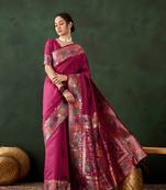 Women's pink color poly silk heavy designer banarasi zari multi weaving work saree