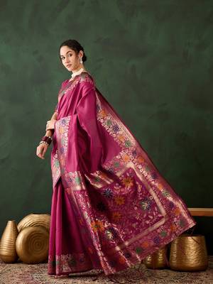 Women's pink color poly silk heavy designer banarasi zari multi weaving work saree 2