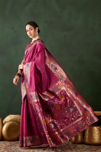 Women's pink color poly silk heavy designer banarasi zari multi weaving work saree