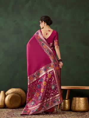 Women's pink color poly silk heavy designer banarasi zari multi weaving work saree 3