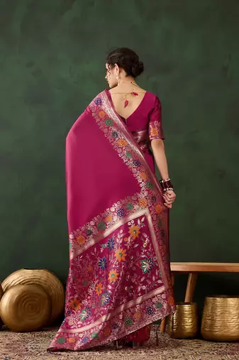 Women's pink color poly silk heavy designer banarasi zari multi weaving work saree