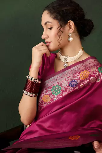 Women's pink color poly silk heavy designer banarasi zari multi weaving work saree