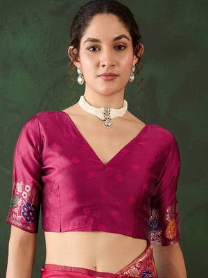 Women's pink color poly silk heavy designer banarasi zari multi weaving work saree 5