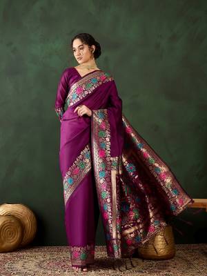 Women's purple color poly silk heavy designer banarasi zari multi weaving work saree 1