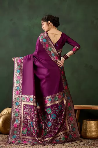 Women's purple color poly silk heavy designer banarasi zari multi weaving work saree
