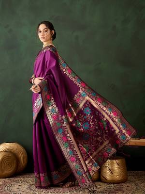 Women's purple color poly silk heavy designer banarasi zari multi weaving work saree 4