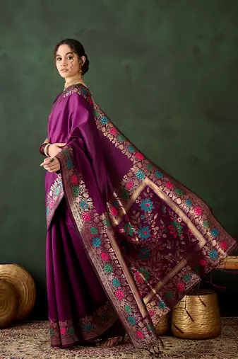 Women's purple color poly silk heavy designer banarasi zari multi weaving work saree