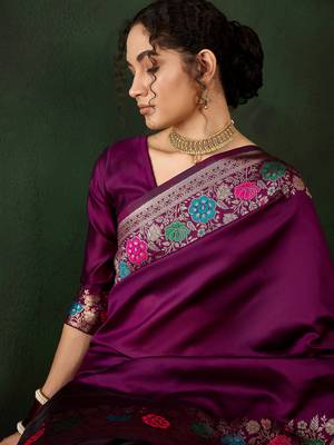 Women's purple color poly silk heavy designer banarasi zari multi weaving work saree 5
