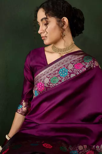 Women's purple color poly silk heavy designer banarasi zari multi weaving work saree