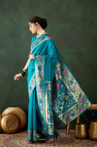 Women's sea green color poly silk heavy designer banarasi zari multi weaving work saree