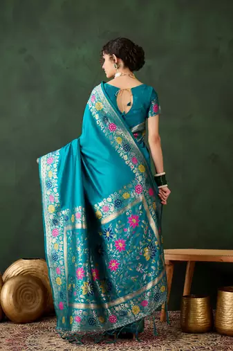 Women's sea green color poly silk heavy designer banarasi zari multi weaving work saree