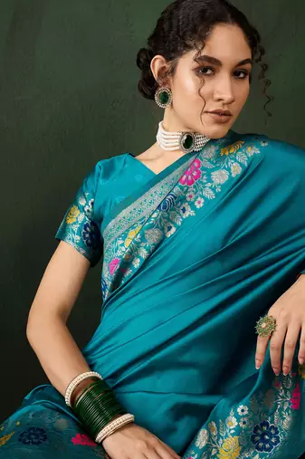 Women's sea green color poly silk heavy designer banarasi zari multi weaving work saree