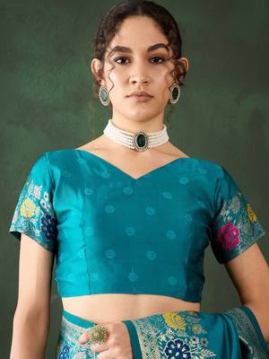 Women's sea green color poly silk heavy designer banarasi zari multi weaving work saree 5