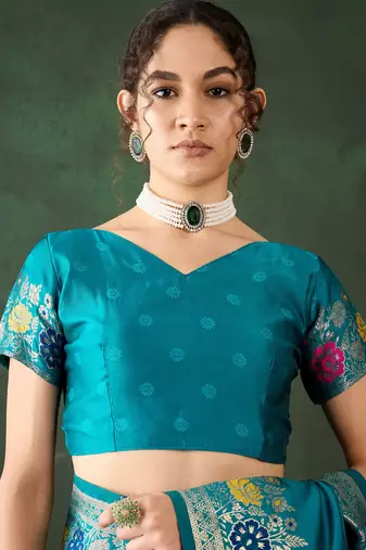 Women's sea green color poly silk heavy designer banarasi zari multi weaving work saree