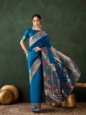 Women's teal blue color poly silk heavy designer banarasi zari multi weaving work saree 1