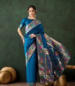 Women's teal blue color poly silk heavy designer banarasi zari multi weaving work saree