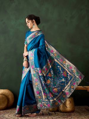 Women's teal blue color poly silk heavy designer banarasi zari multi weaving work saree 2