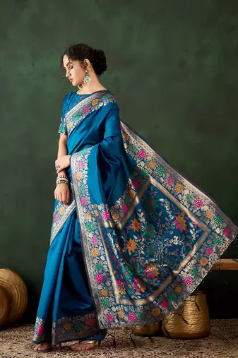 Women's teal blue color poly silk heavy designer banarasi zari multi weaving work saree