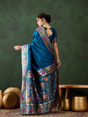 Women's teal blue color poly silk heavy designer banarasi zari multi weaving work saree 3
