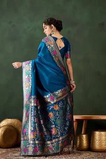 Women's teal blue color poly silk heavy designer banarasi zari multi weaving work saree