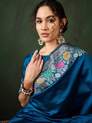 Women's teal blue color poly silk heavy designer banarasi zari multi weaving work saree 4