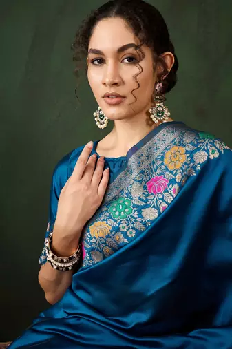Women's teal blue color poly silk heavy designer banarasi zari multi weaving work saree