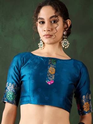 Women's teal blue color poly silk heavy designer banarasi zari multi weaving work saree 5