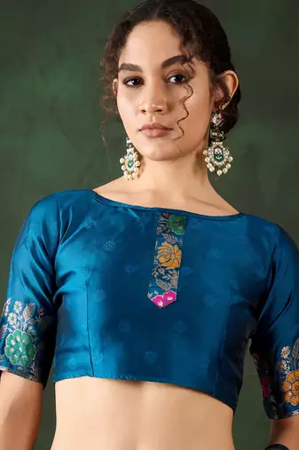 Women's teal blue color poly silk heavy designer banarasi zari multi weaving work saree