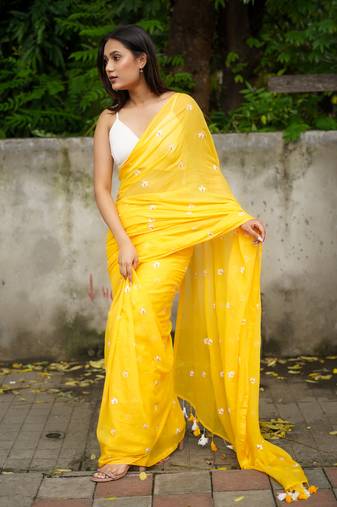 Mul cotton embroidered saree - shiuli yellow