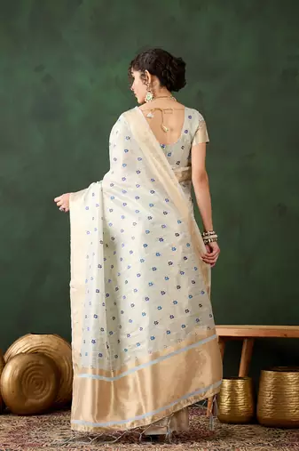 Women's blue color khadi organza heavy designer banarasi zari multi weaving work saree