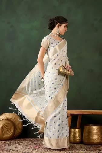 Women's blue color khadi organza heavy designer banarasi zari multi weaving work saree
