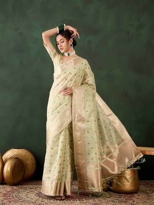 Women's green color khadi organza heavy designer banarasi zari multi weaving work saree 1
