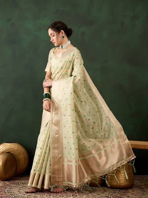 Women's green color khadi organza heavy designer banarasi zari multi weaving work saree 2