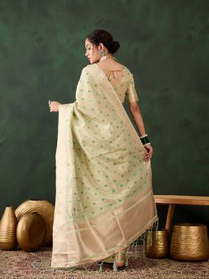 Women's green color khadi organza heavy designer banarasi zari multi weaving work saree 3