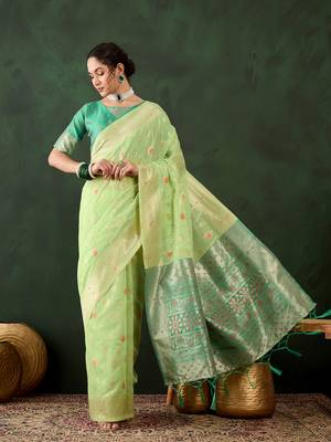Women's green color poly cotton heavy designer banarasi zari multi weaving work saree 1