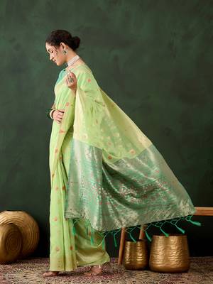 Women's green color poly cotton heavy designer banarasi zari multi weaving work saree 2