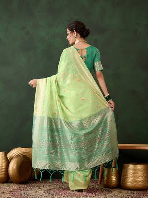 Women's green color poly cotton heavy designer banarasi zari multi weaving work saree 3