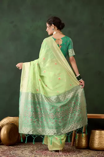 Women's green color poly cotton heavy designer banarasi zari multi weaving work saree