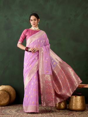 Women's levender color poly cotton heavy designer banarasi zari multi weaving work saree 1