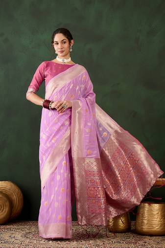 Women's levender color poly cotton heavy designer banarasi zari multi weaving work saree 