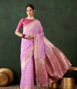 Women's levender color poly cotton heavy designer banarasi zari multi weaving work saree